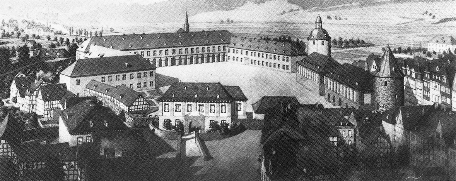 Panoramadarstellung des Unteren Schlosses um 1720 (gezeichnet von Wilhelm Scheiner)
