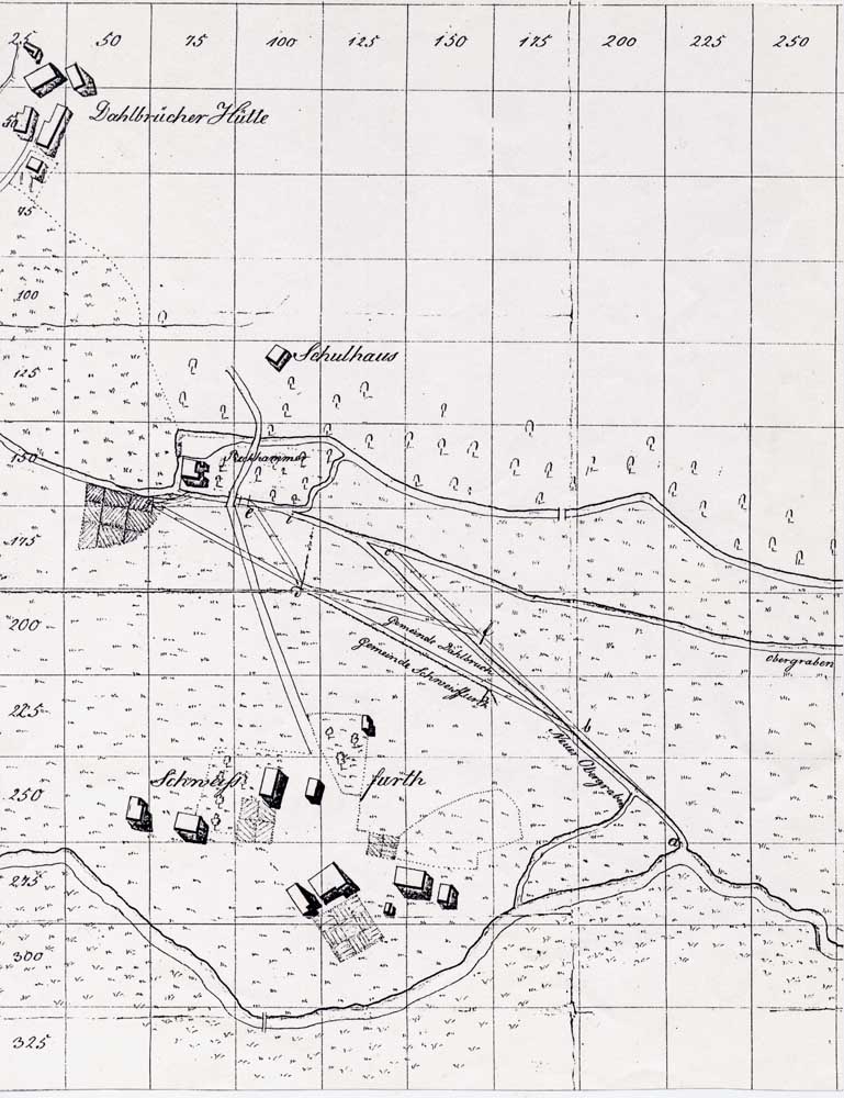 Situationsplan von der Dahlbrucher Hütte, dem Reckhammer und der Schweißfurth Anno 1828