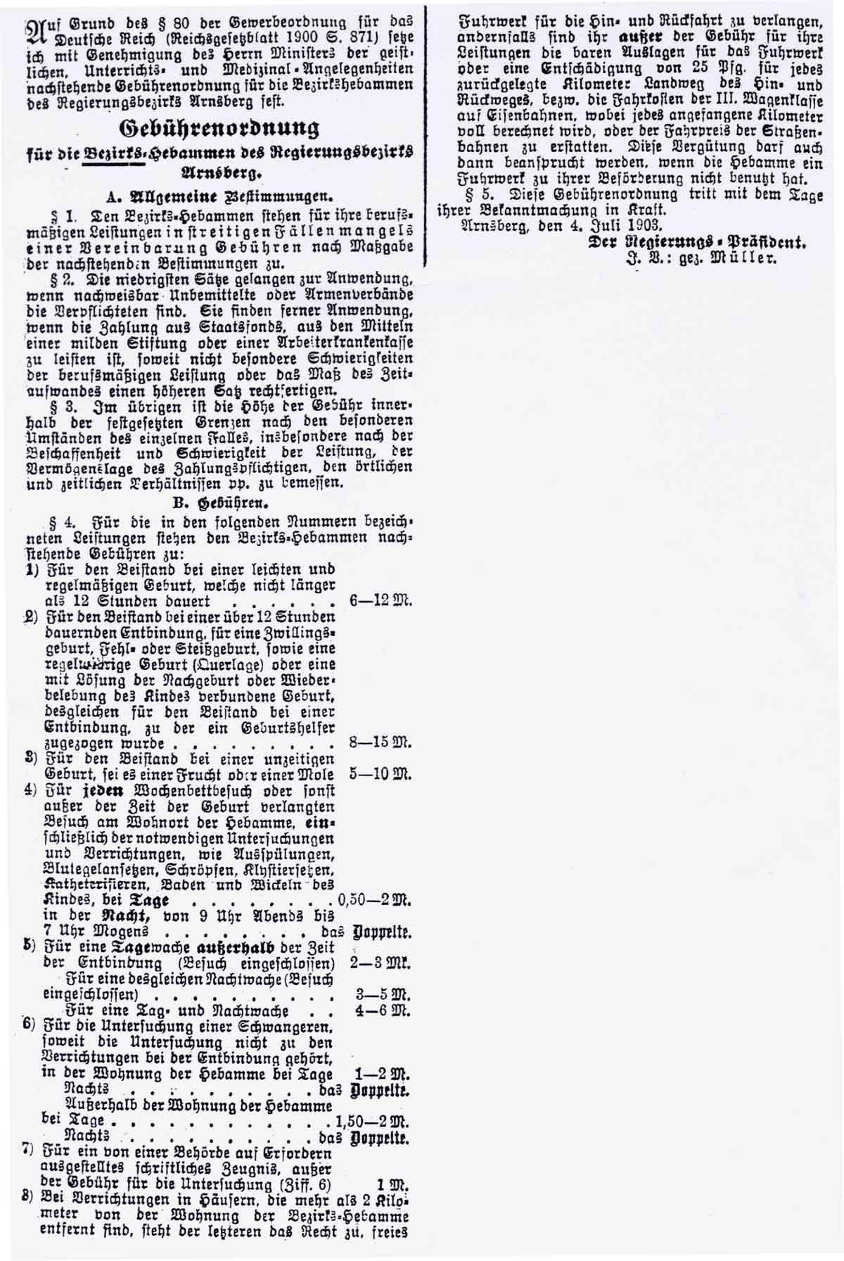 Gebührenordnung für Bezirkshebammen aus dem Jahre 1903. Kopie aus der Siegener Zeitung von Samstag, den 25. Juli 1903