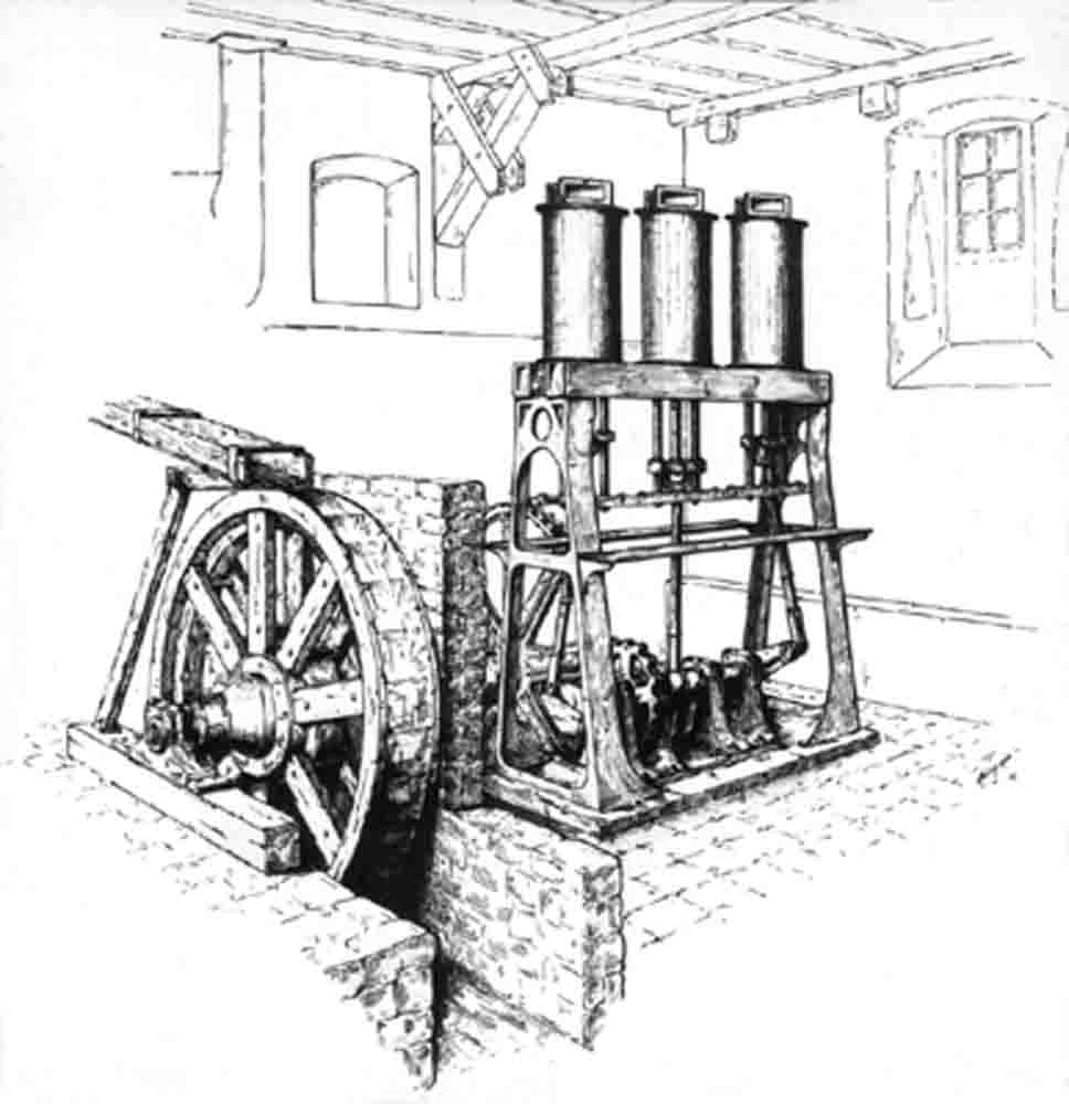 Windgebläse der Dahlbrucher Hütte mit einem oberschlächtigen Wasserrad als Antrieb. Es wurde 1833 eingebaut und war ein enormer Fortschritt
