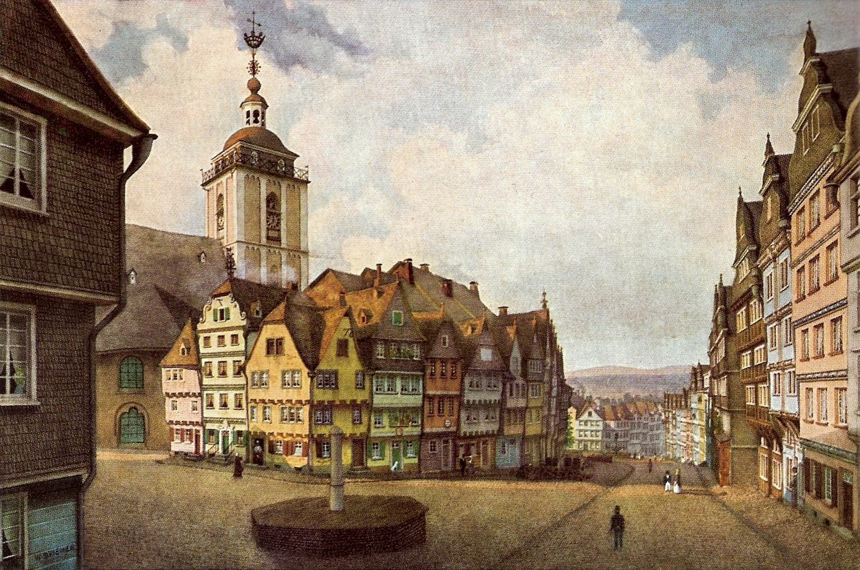 Die Nikolaikirche mit dem Häuserblock „Klubb“, 1869 abgebrannt. Historisierendes Aquarell von Wilhelm Scheiner, den Zustand von etwa 1850 darstellend.