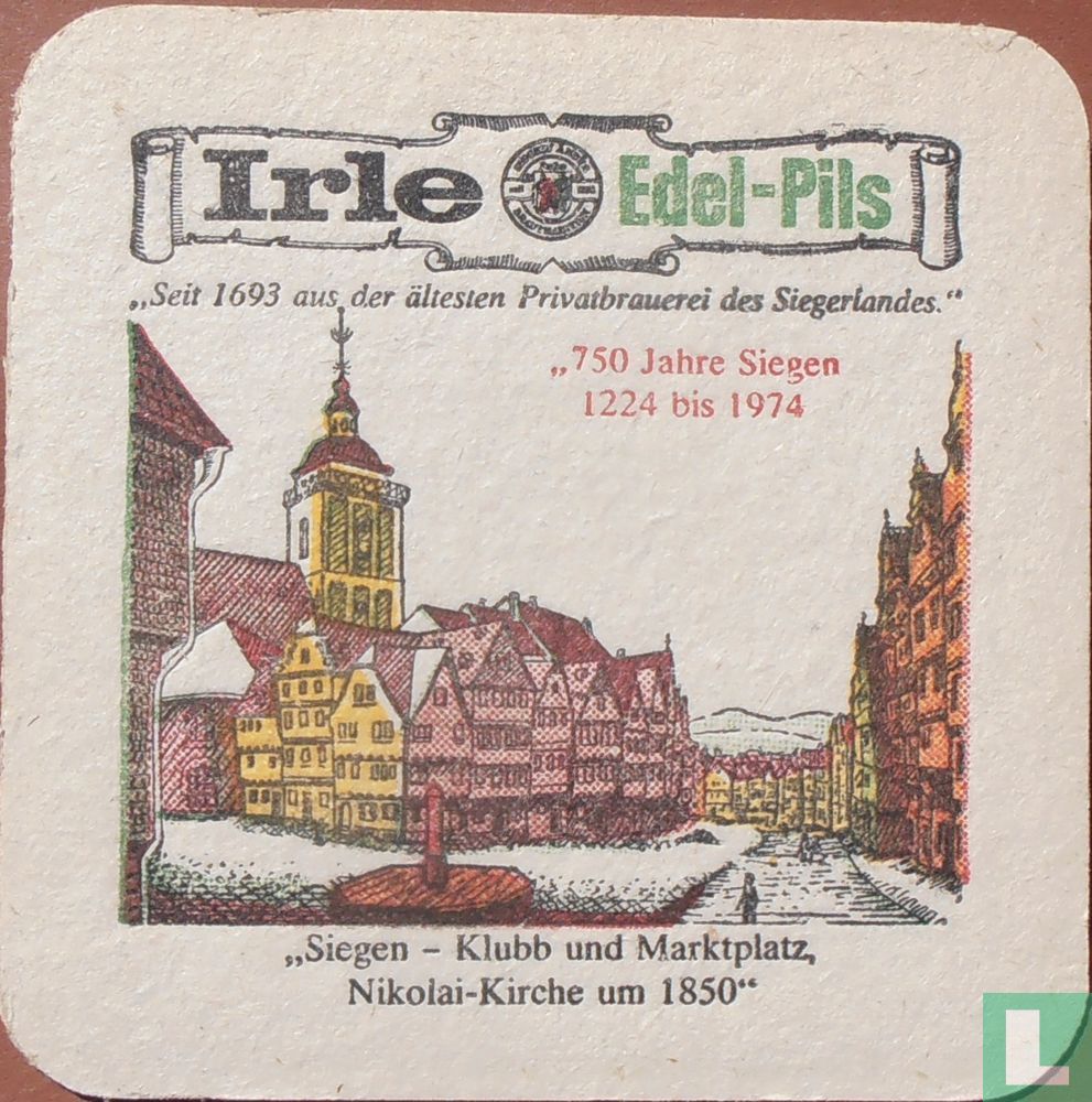 Der Klubb mit Marktplatz und Nikolai-Kirche auf einem Bierdeckel Bild Reklame Irle Bier