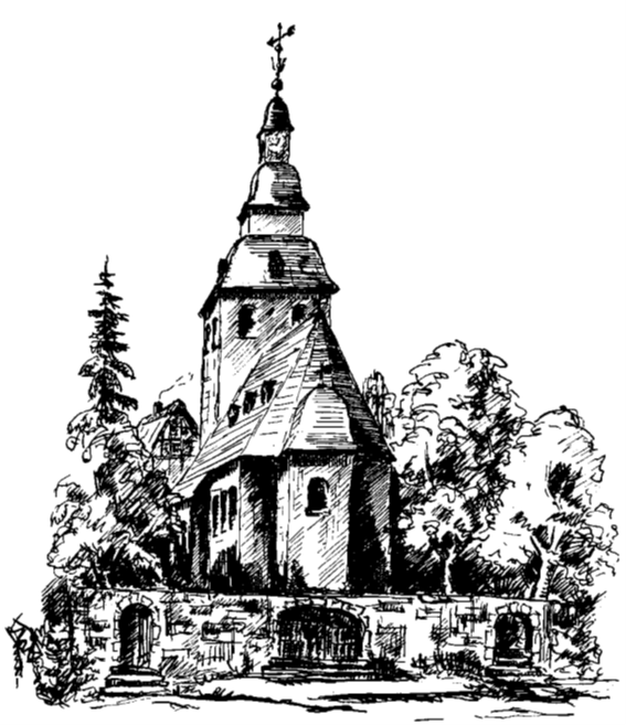 Federzeichnung der 1839 abgebrochenen alten St. Veits Kirche (Bild aus dem Buch, Das schönste Haus)