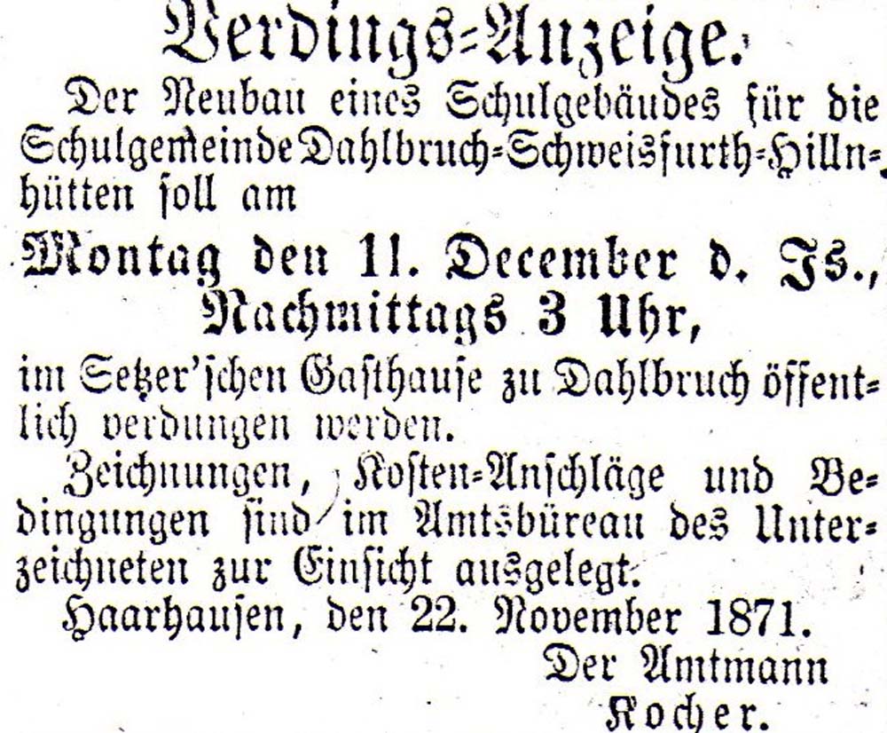 Verdings-Anzeige für den Neubau eines Schulgebäudes in Dahlbruch (Kopie aus dem Siegener Kreisblatt vom Freitag den 24. November 1871)