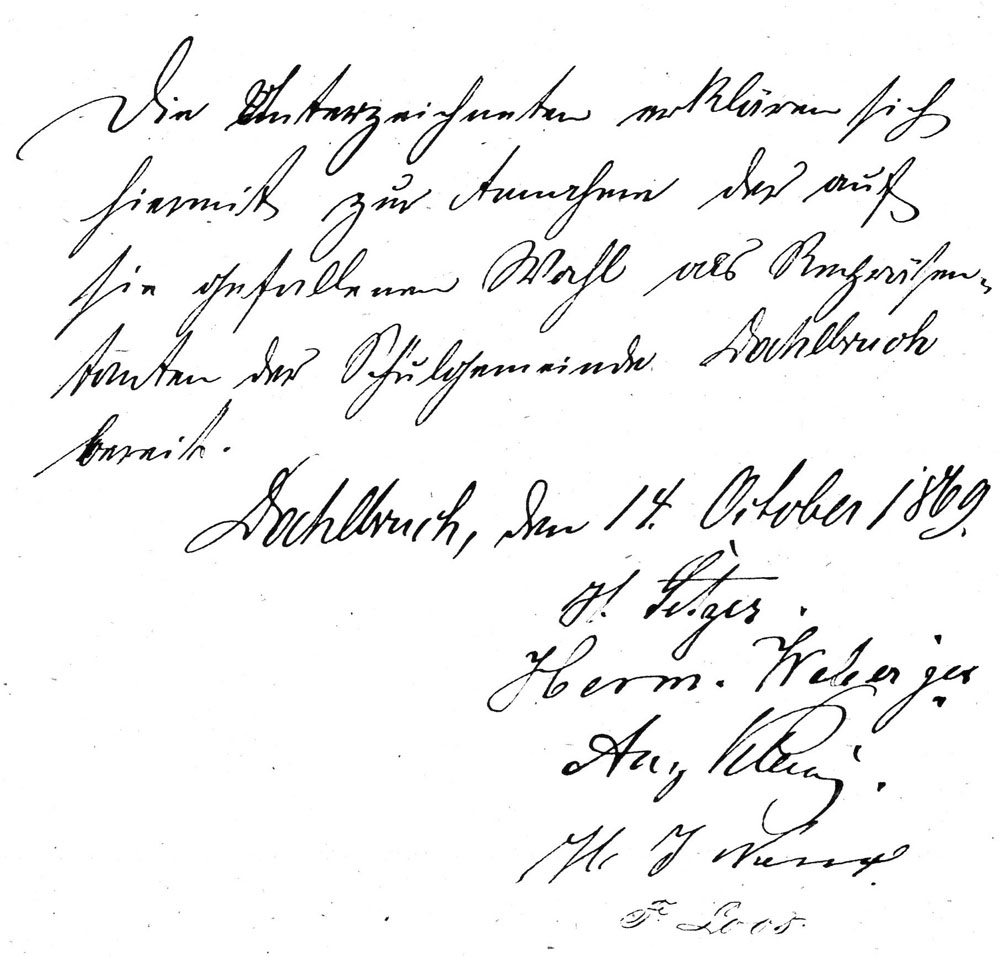 Die Rechnungsprüfer für die Schulgemeinde Dahlbruch nehmen die Wahl am 14. Oktober 1869 an